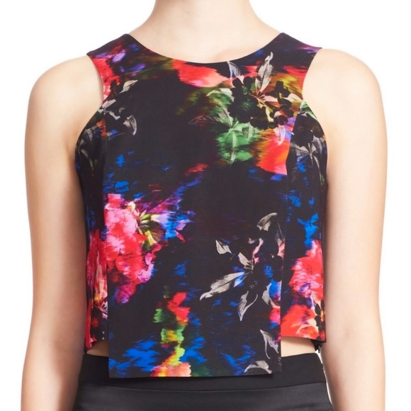 Milly Black, Pink & Blue Floral Side Cut-Out Sleeveless Crop Top - Picture 1 of 7